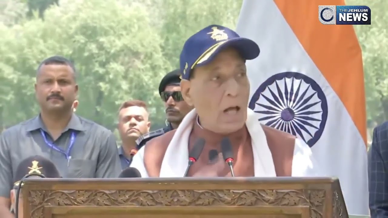Defence Minister Rajnath Singh interacts with IAF jawans at Srinagar air base