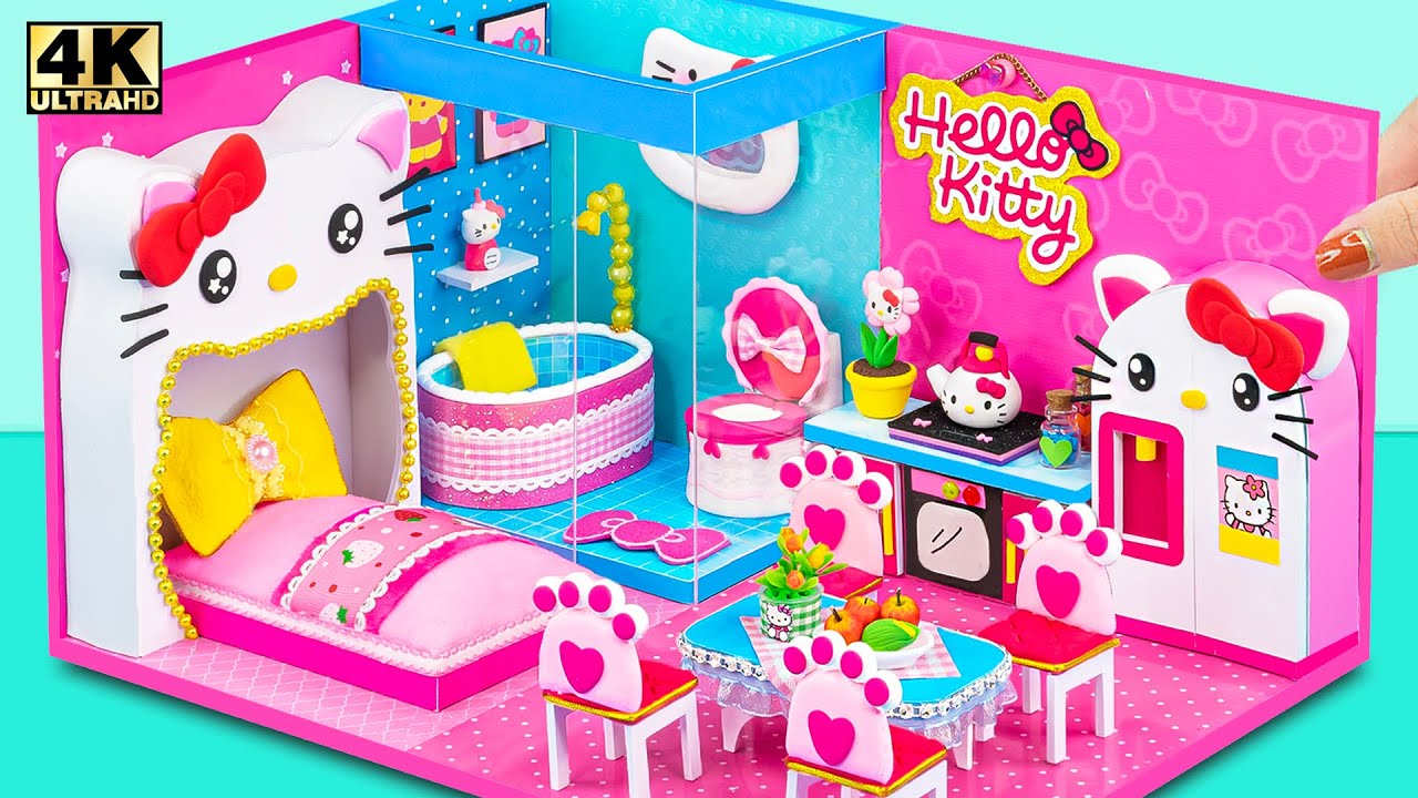 Make Hello Kitty House with Cute Cat Bedroom, Mini Kitchen Set Toys Cooking ❤️ DIY Miniature House
