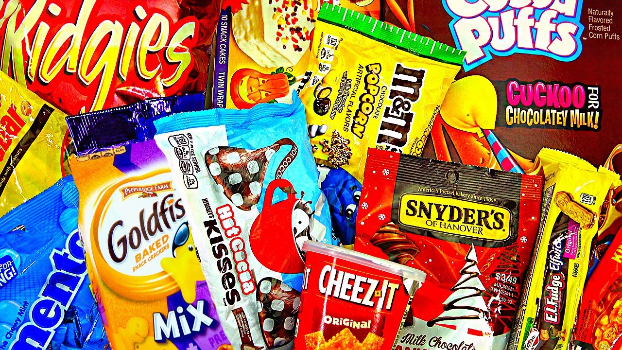 New 101 + Snack Opening Party: Hershey's Kisses M&M's Wise Chips Cereal Goldfish Chocolate Candy