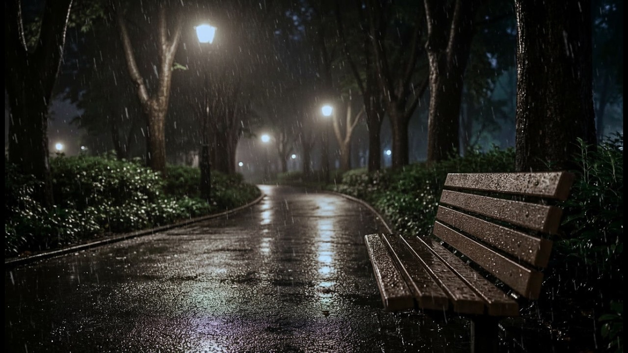 Rain Sounds for Sleep in a Night Park Walk 🌧️ No Thunder & 1 Hour Black Screen
