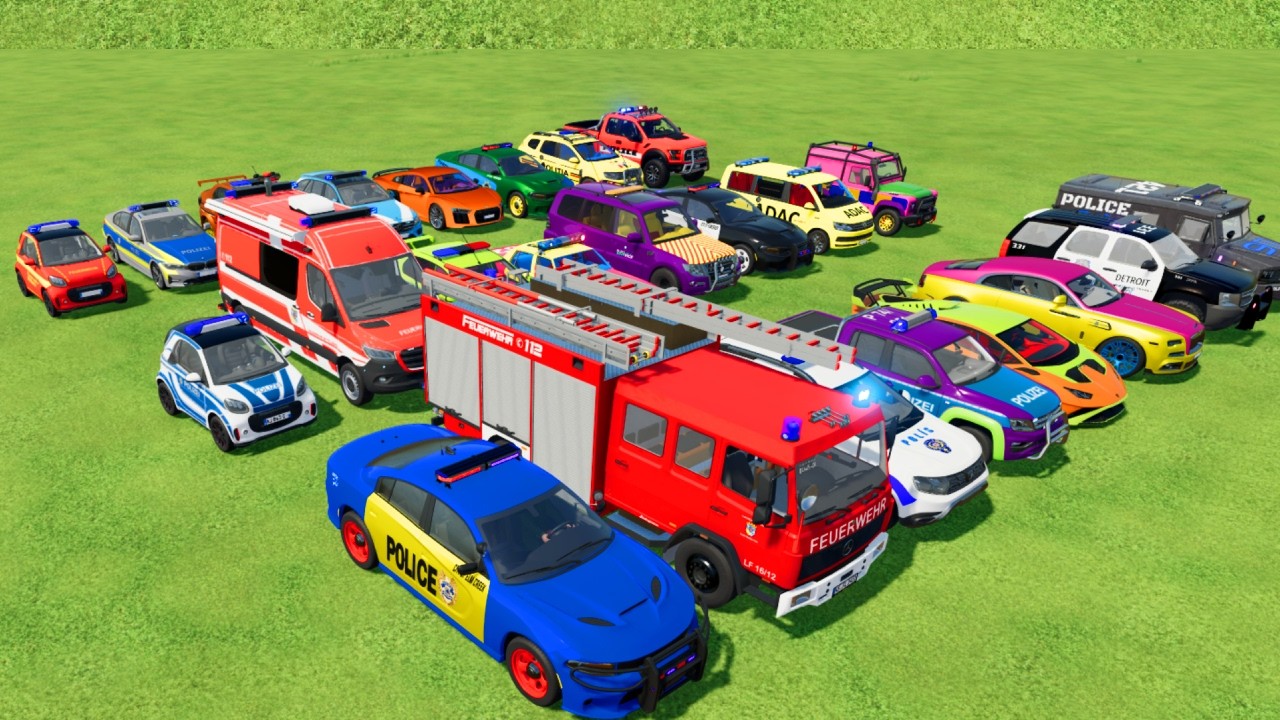 TRANSPORTING CARS, AMBULANCE, POLICE CARS, FIRE TRUCK OF COLORS! WITH TRUCKS! - FS 22