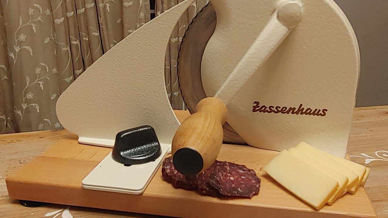 Zassenhaus Bread Slicer slicing bread, sausage, cheese and pears