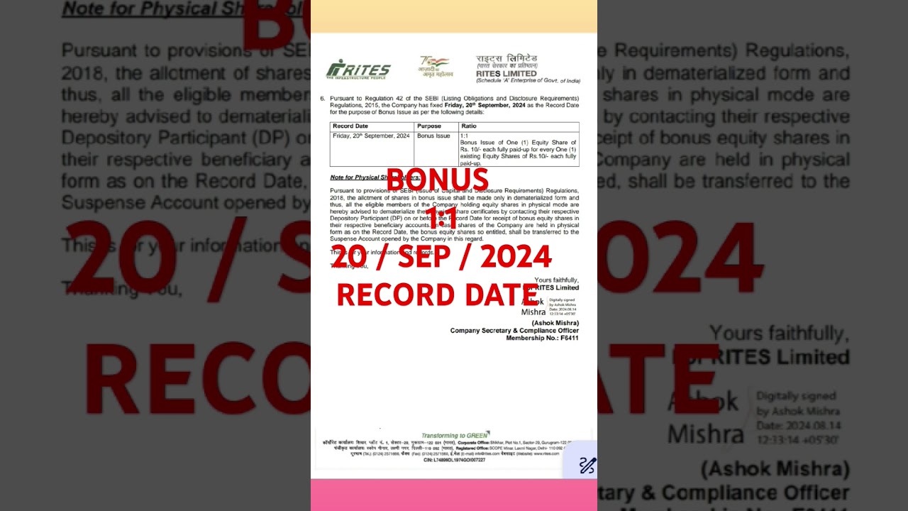 💥 BONUS 💥 rites Ltd share #bonus update #stockmarket #nse #bse #smju #trending #investment