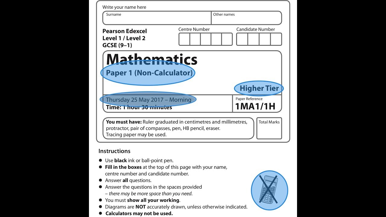 EDEXCEL GCSE Maths. June 2017. Paper 1. Higher. Non-Calculator. 1H.