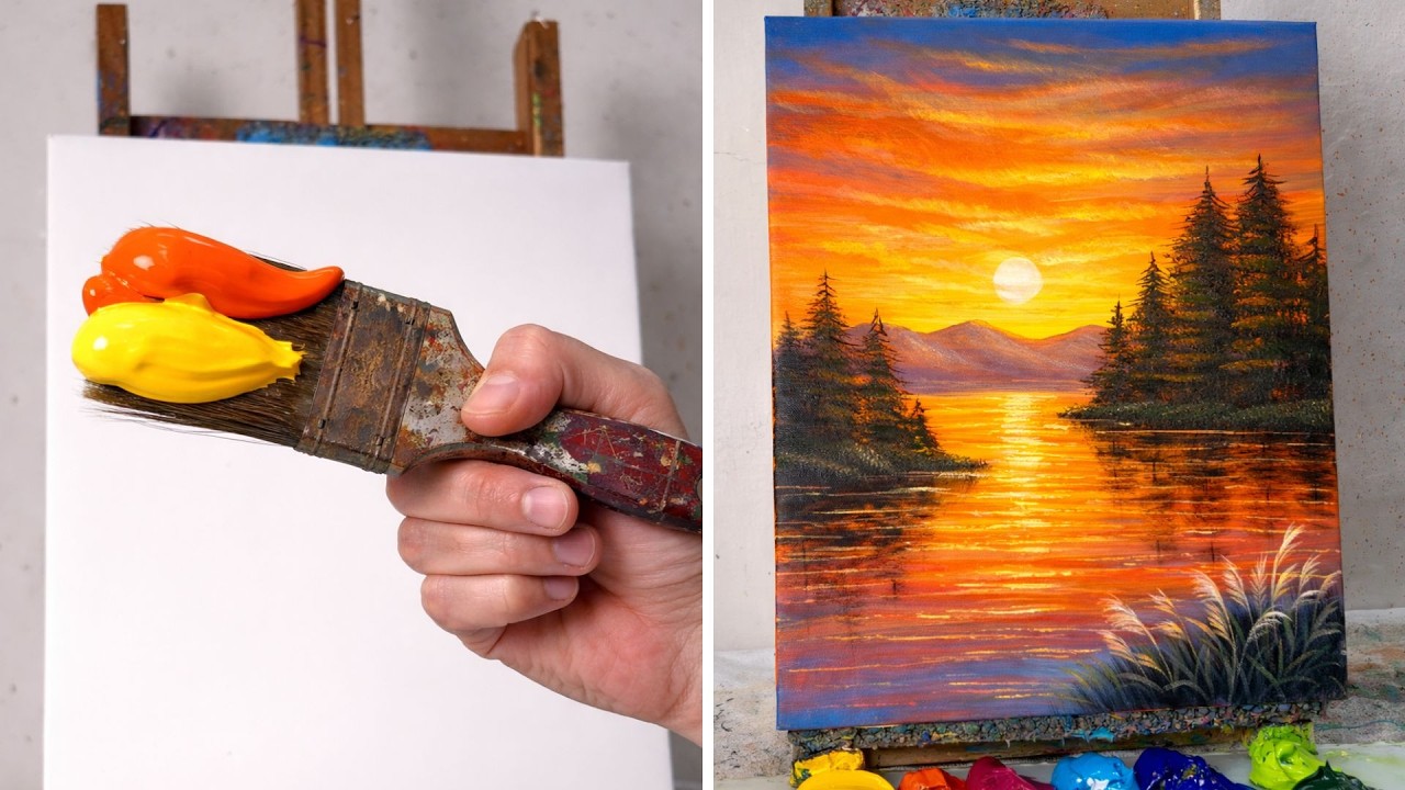 STEP by STEP Acrylic Painting | Beautiful Sunset Lake Acrylic Painting #097