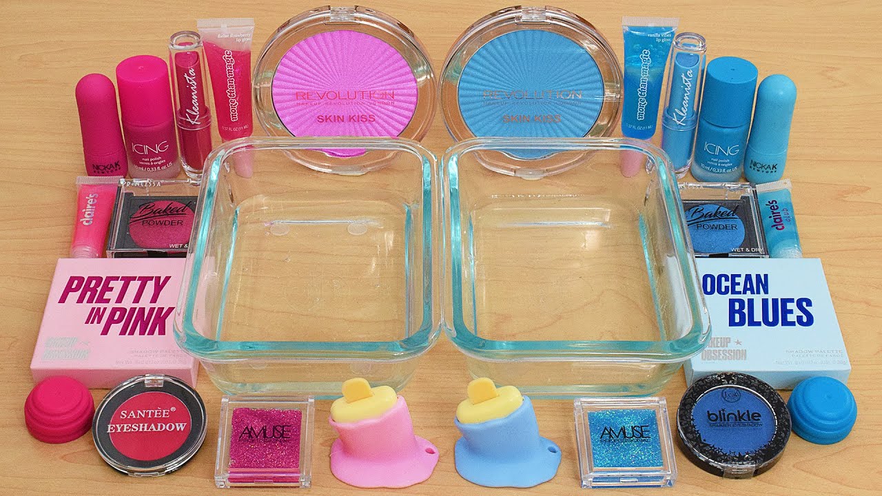 Baby Pink vs Blue - Mixing Makeup Eyeshadow Into Slime ASMR