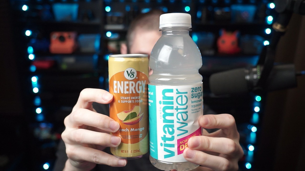 Trying V8 Energy Peach Mango and Vitamin Water Lemonade Squeezed Zero Sugar