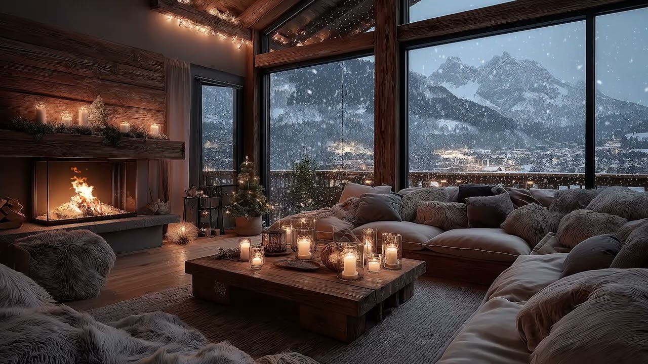 Serene Winter Night with Crackling Fireplace and Piano Ambience for Deep Sleep and Focus Relaxation
