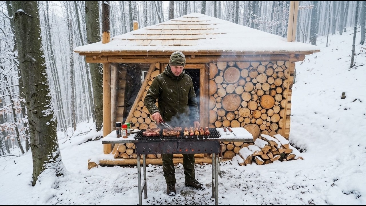 I Built an Off-Grid Log Cabin in a Blizzard (Unique Roof-First Build!)