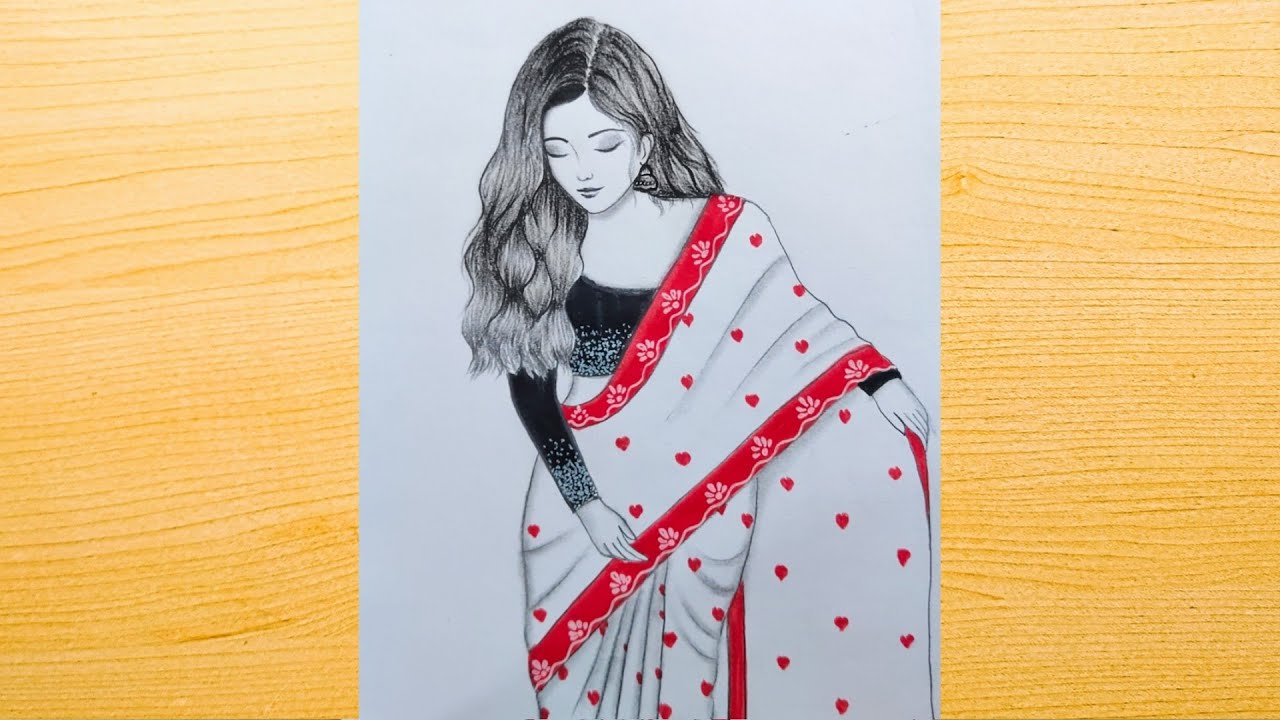 Girl wearing a saree drawing / How to Draw a girl with saree easy drawing 