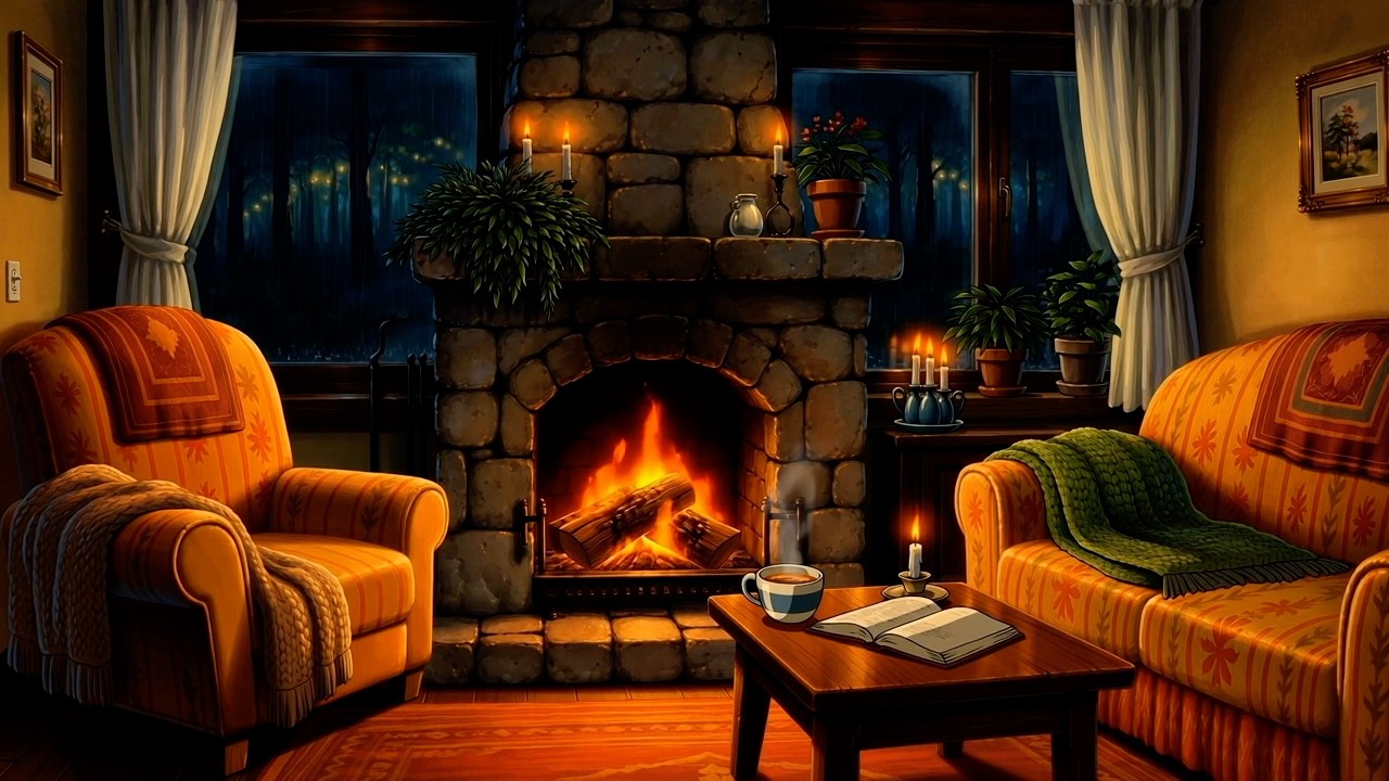 Fireplace 10 Hours 🔥 Cozy Anime Fireplace ✨ Warm Crackling Fire & Gentle Rain 🌧️ No Music