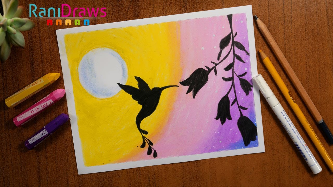 Cómo dibujar un PAISAJE con colibrí con óleo pastel (pastel graso) - Paso a paso