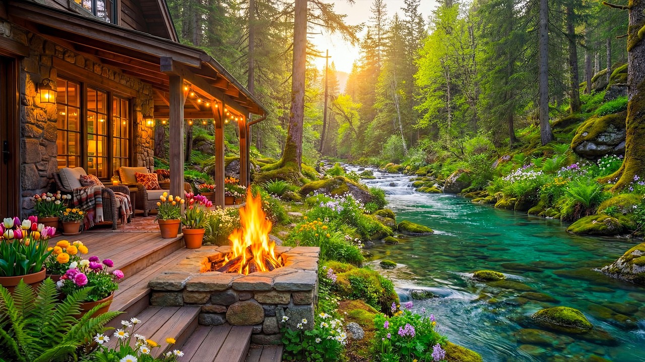 Spring Morning Forest Riverside Cabin Porch 🌿🔥 Crackling Fire Pit, Birdsong Ambience & Flowing River