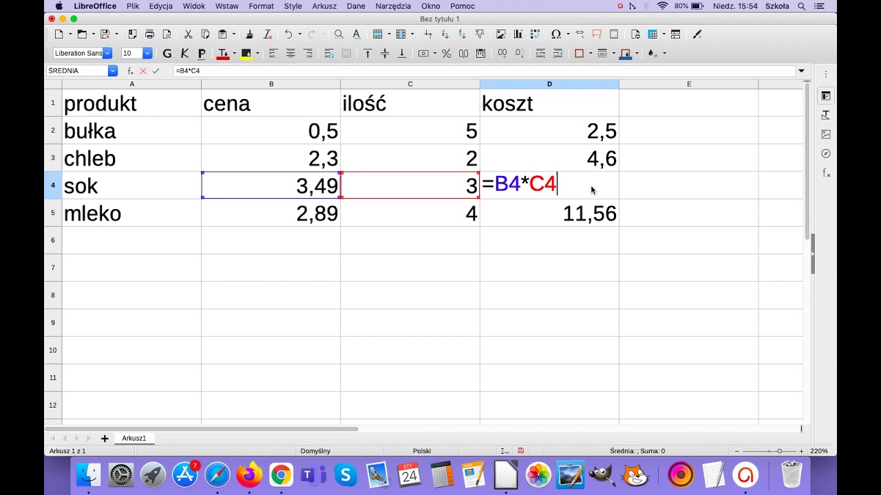 Suma i różnica - Libre Office Calc