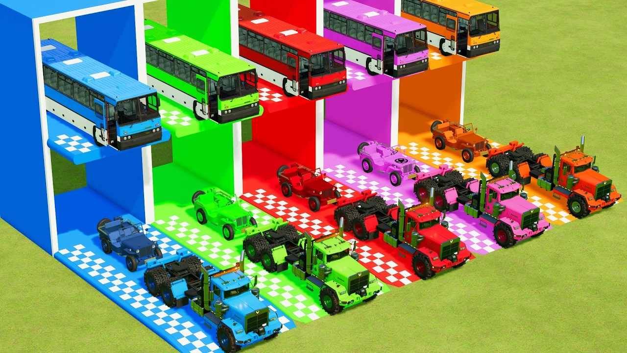 Garage with Colors - ALL MIXER TRUCK WITH DOUBLE FLATBED TRAILER TRUCK, IVECO, DAF, MACK FT PART 7