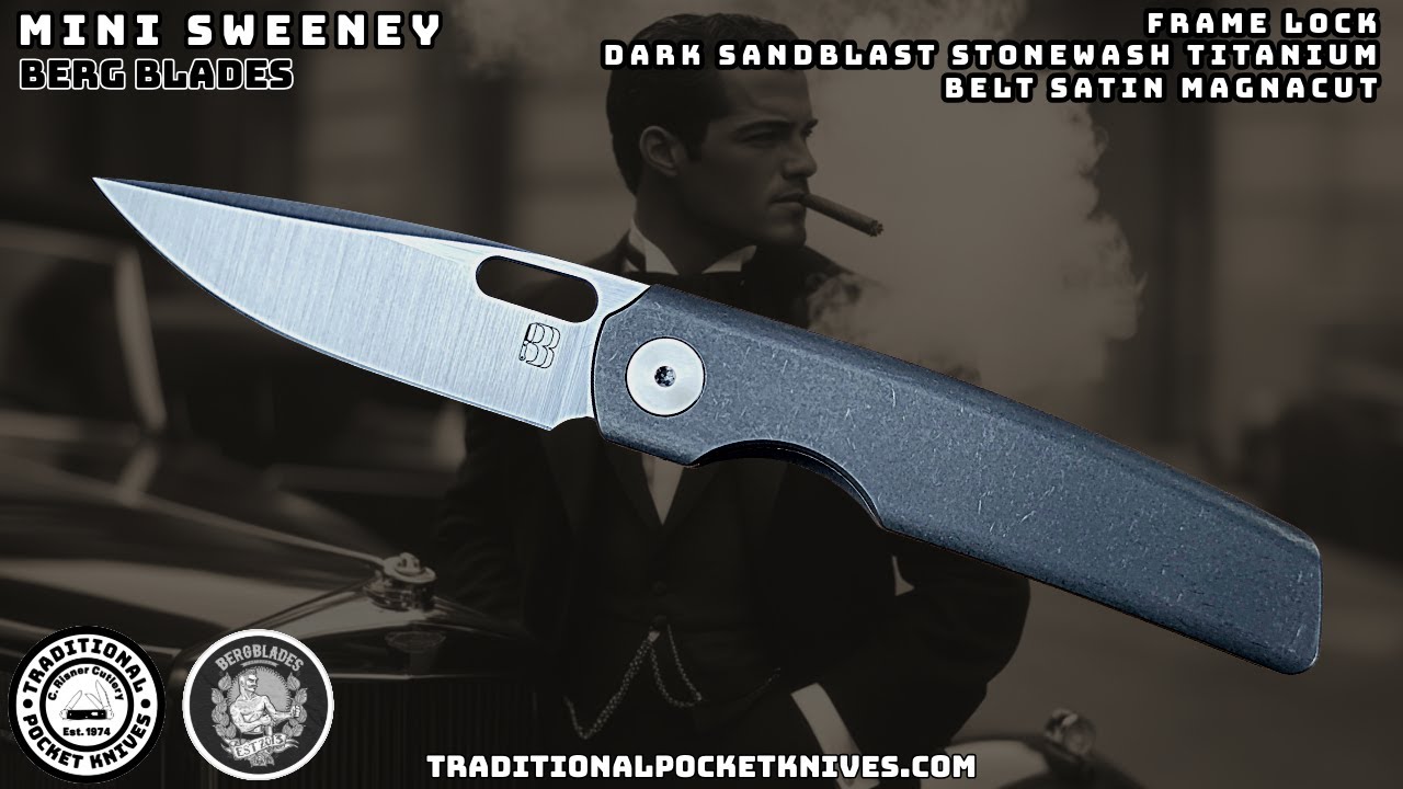 BergBlades: Mini Sweeney - Full Titanium Dark Sandblast and Stonewashed Belt Satin Magnacut