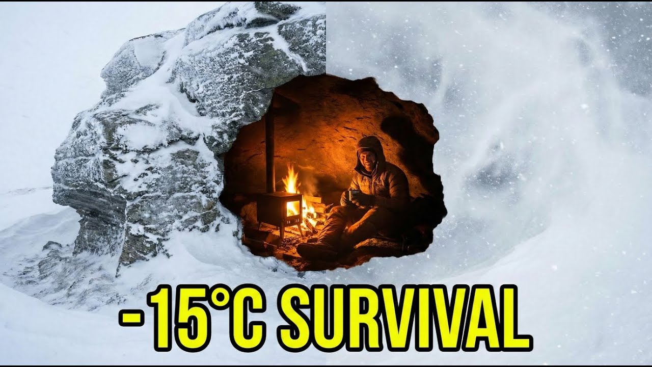 Solo Winter Camping in a Hollow Rock Cave | Bushcraft Survival in Heavy Snow ❄️🔥