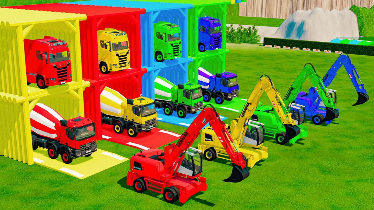 Garage with Colors - ALL MIXER TRUCK WITH DOUBLE FLATBED TRAILER TRUCK, LIEBHERR, KENWORTH, SCANIA