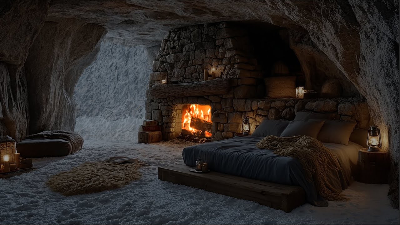 Cozy Cave in a Snowstorm ❄🔥 | Fireplace & Blizzard Ambience for Deep Sleep & Relaxation