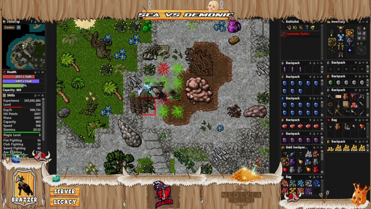 Medivia Hydra hunting FULL SCA vs DEMONIC AXE 4/6 attr.