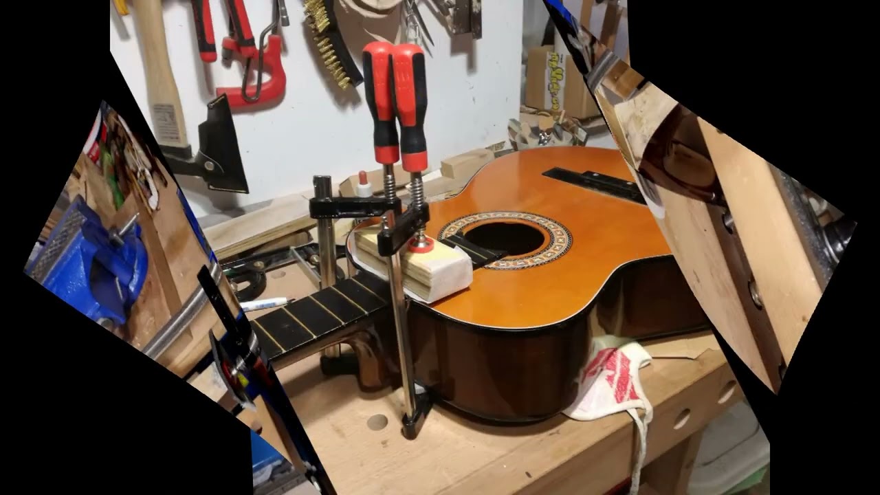 Riparazione chitarra classica, manico scollato e tastiera spezzata