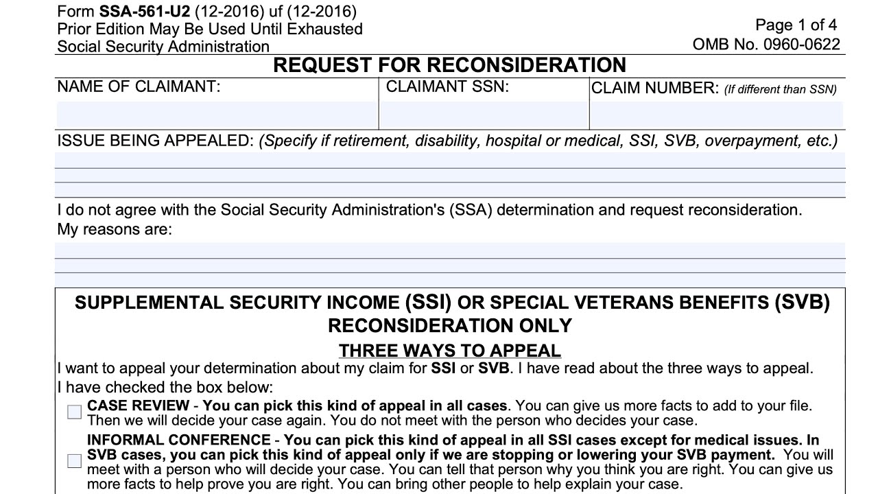 Form SSA 561-U2 walkthrough (Request for Reconsideration)
