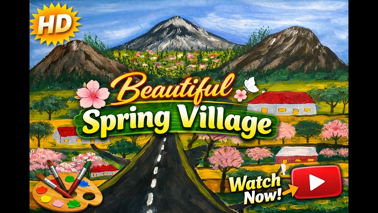 This painting captures the peaceful beauty of a spring village surrounded by