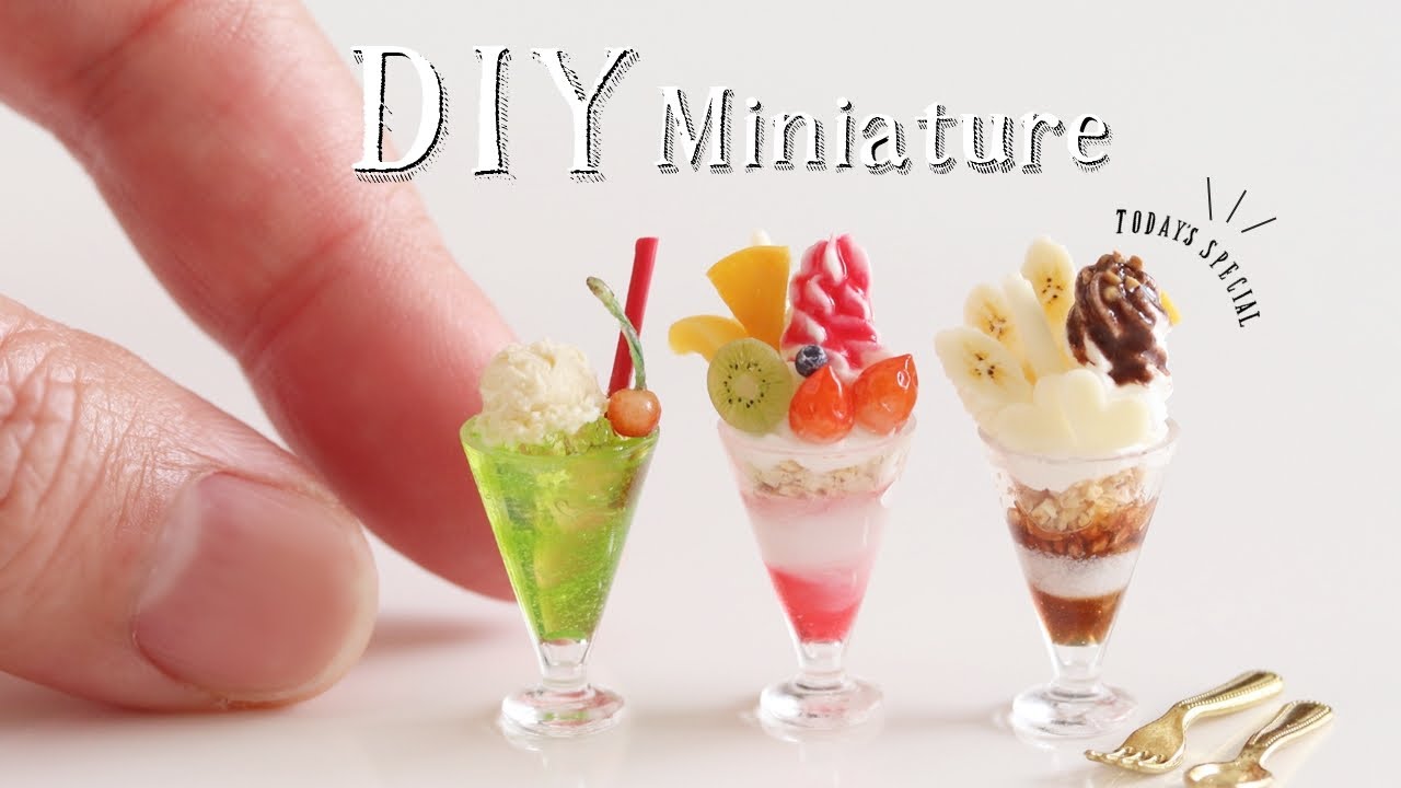 【MiniatureDIY】粘土レジン3種類のミニチュアスイーツの作り方/可愛すぎるパフェ＆ソーダ。3 miniature DIY. How to make miniature  with clay.