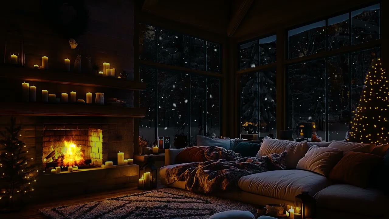 Winter Calm Surrounds This Cozy Cabin with Gentle Fireplace Crackles and Soft Falling Snow