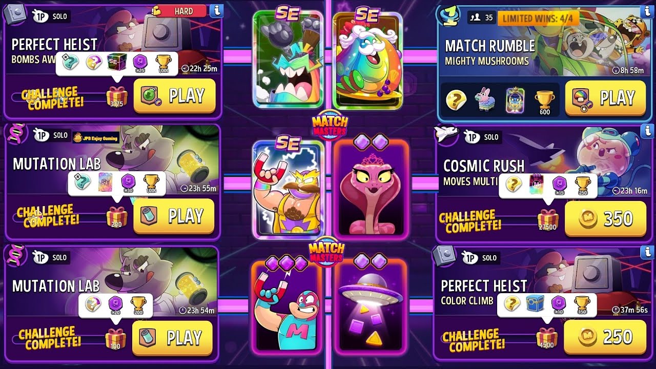 (1 Rumble+4 Solo) Bombs Away/ Mutation Lab 300&200 DNA/Moves Multiplier/Color Climb/Mighty Mushrooms