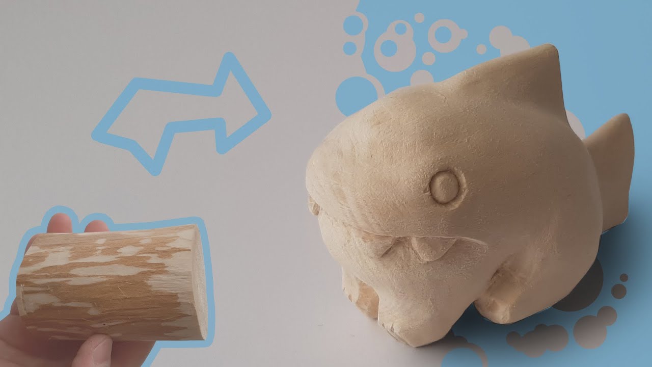 Wood carving figurine of the Shark-cat / Woodworking
