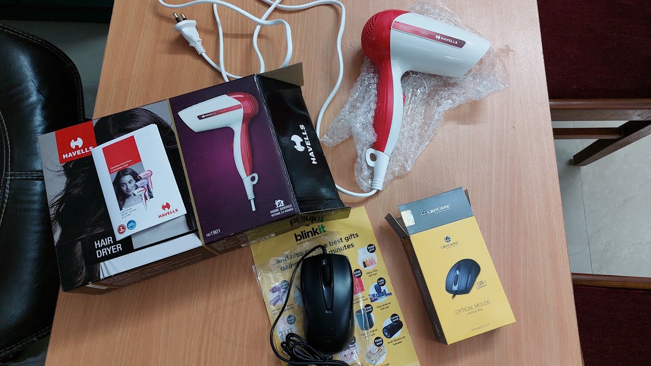 Havells HD1901 hair dryer & lapcare L70 plus wired mouse unboxing & testing. Purchased from Blinkit!