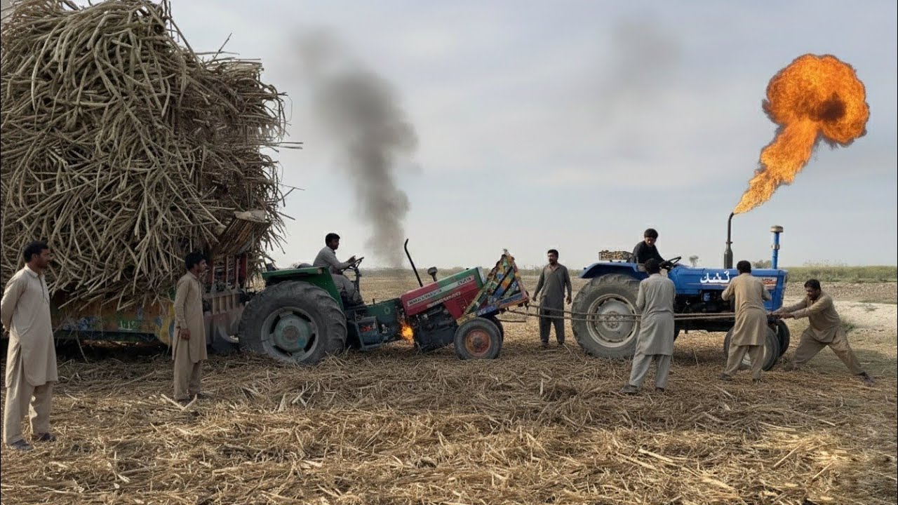 Mf 385 and Alghazi Tractor Amazing Power | Tractors pulling sugarcane trolley village tractor
