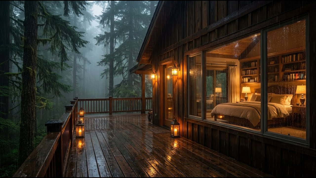 Instant Relax Heavy Rain & Piano Music in Dark Woods Cabin Porch for Deep Sleeping ✨😴