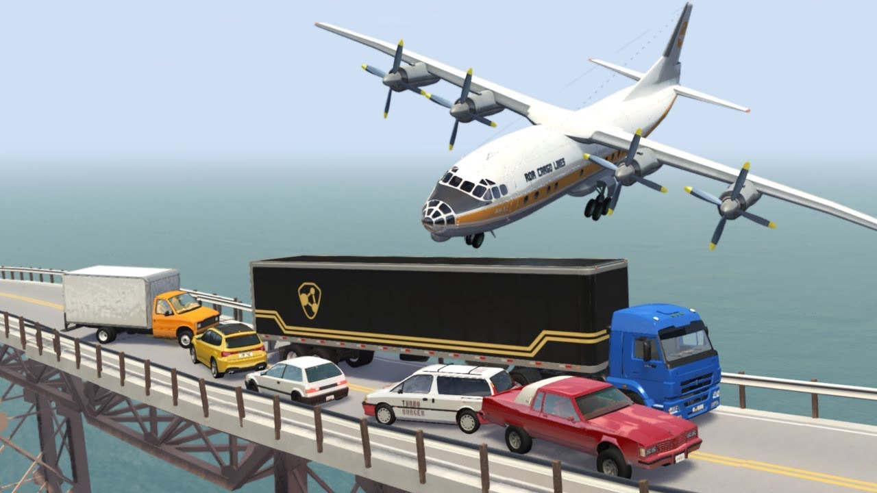 Airplanes Crash into Breakable Bridge with Cars - BeamNG Drive