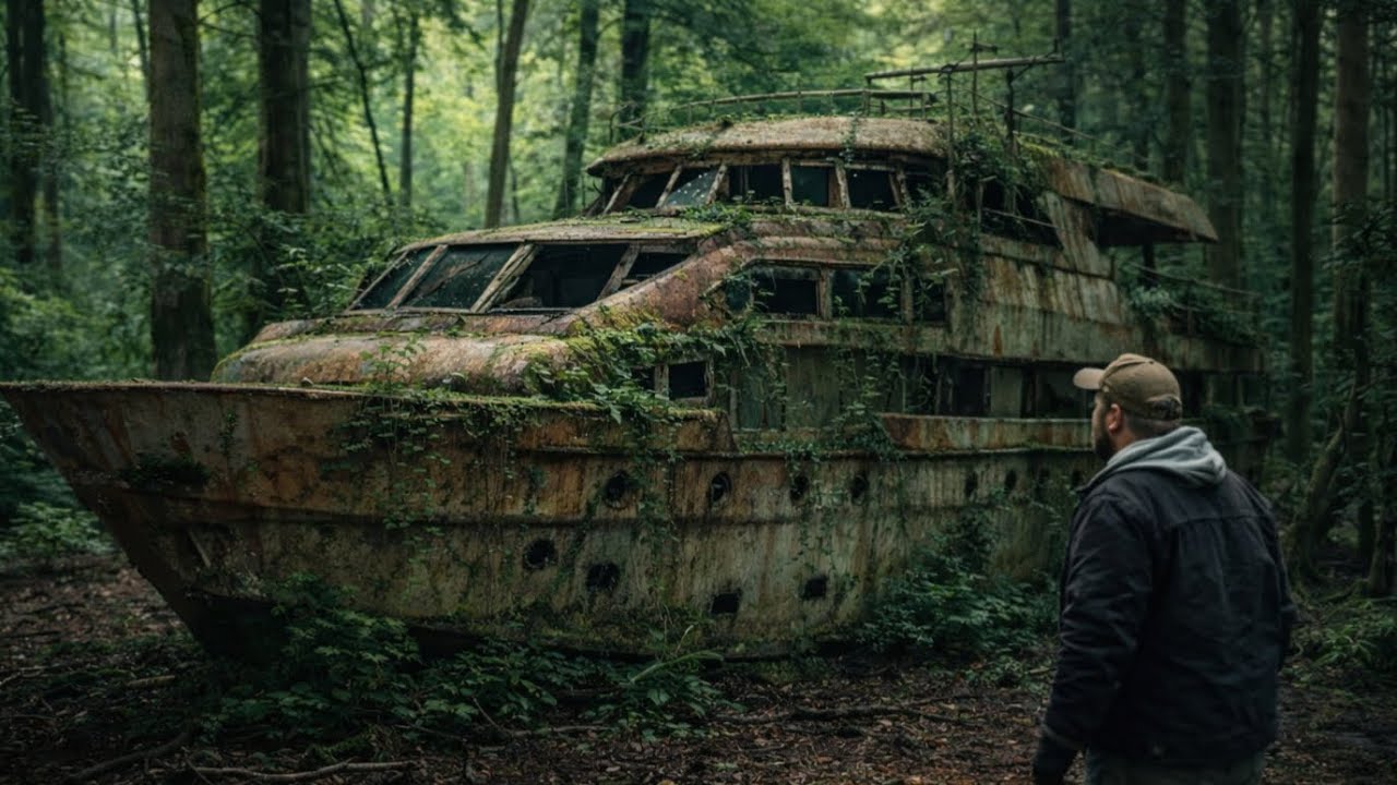 “Abandoned Yacht Restored: Gleaming Windows & Polished Portholes in Jungle Paradise”