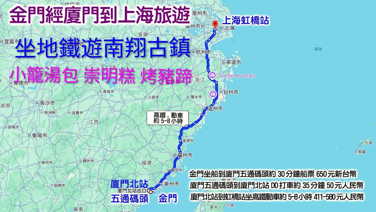 20250805前往上海旅遊除了從台灣直飛也可以金廈小三通從金門到廈門再坐動車約8個小時或高鐵5個小時到上海虹橋再坐地鐵到南翔站走路1.2公里到南翔古鎮吃小籠湯包上海特色糕點紅腸崇明糕湯糰鹹豬肉烤豬蹄
