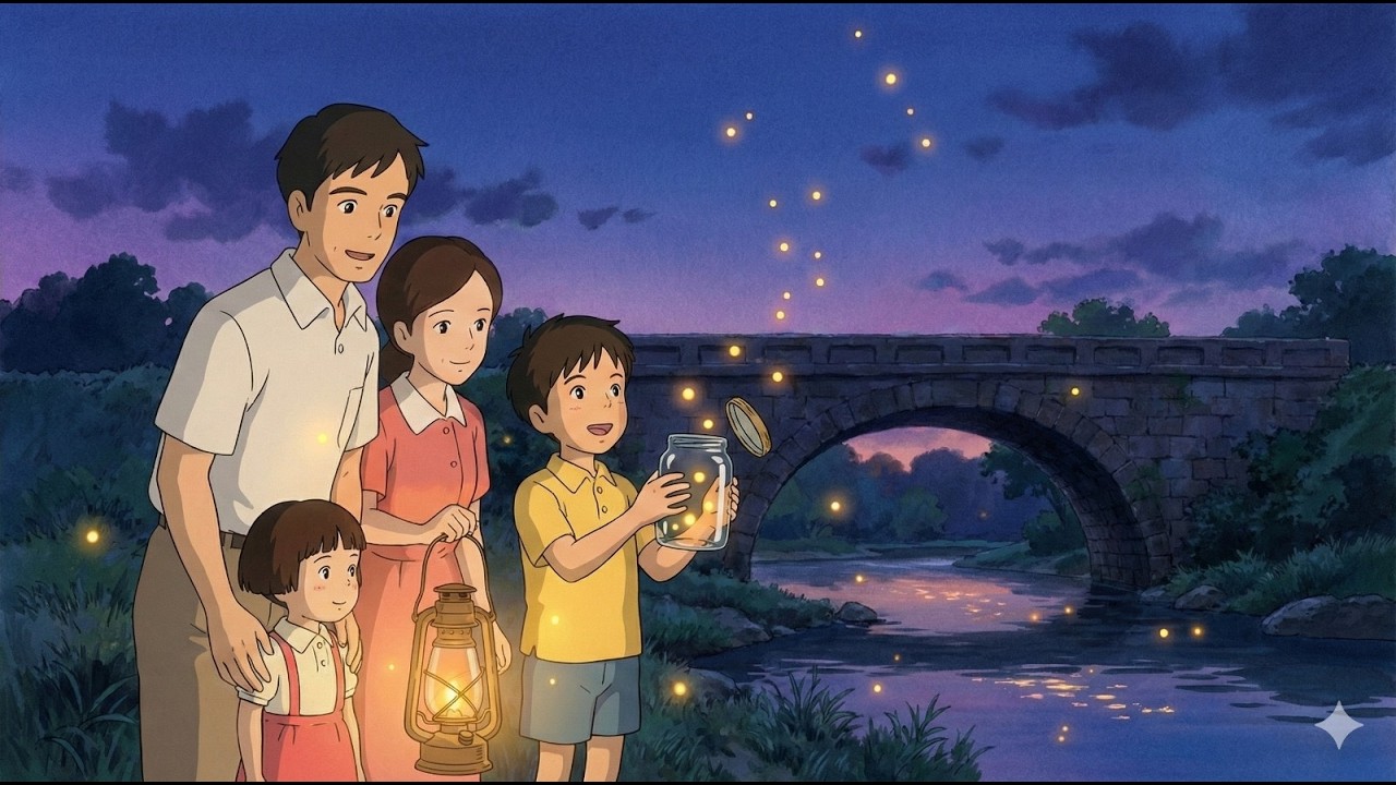 A Peaceful Summer Under the Old Bridge 🌿 Onigiri, Grilled Fish & Fireflies  Ghibli Style ASMR
