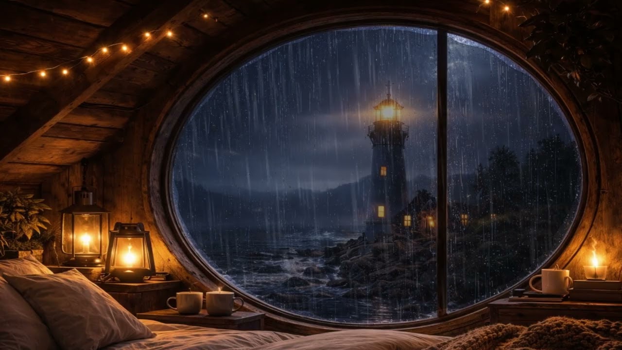 10 Hours Rain by the Lighthouse Window 🌧️ | Cozy Night Sleep Sounds, No Music