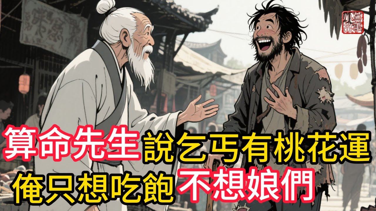 算命先生說乞丐說你要走桃花運，乞丐氣笑說你別逗了。我只想吃飽，不想娘們！沒想到三日後他竟真成了新郎！“只想干饭不想恋爱” 的乞丐！#民間故事 #故事頻道 #感人故事 #睡前故事 #情感故事 #講故事