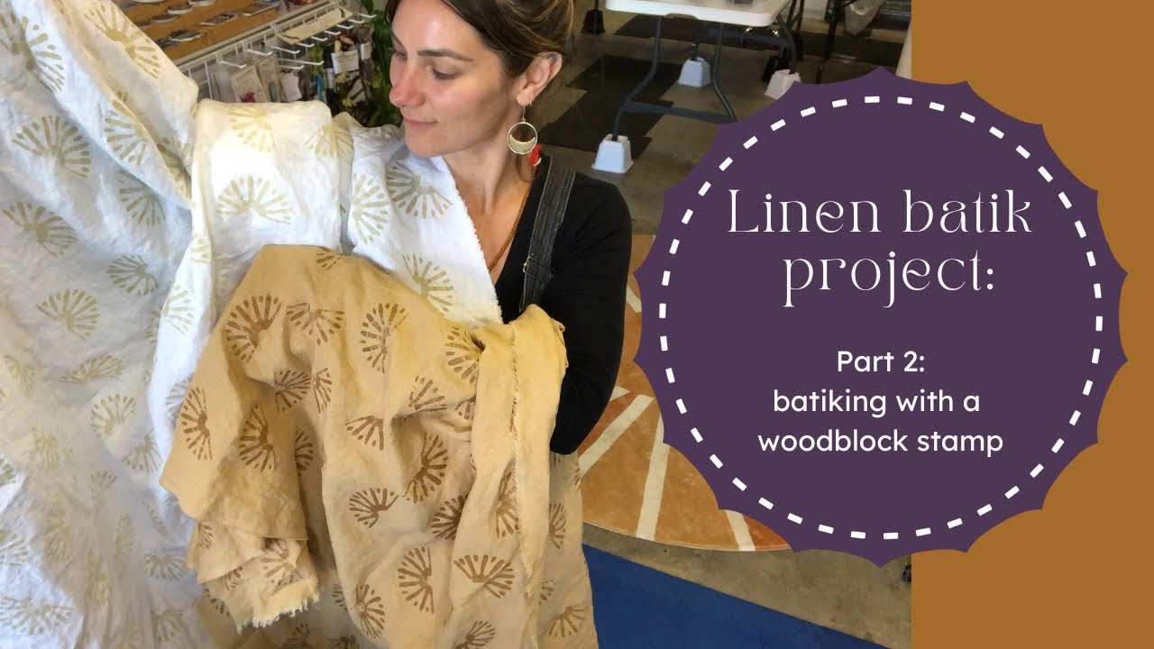 Batiking a linen sewing project in my dye studio: Part 2, stamping the beeswax onto the fabric!