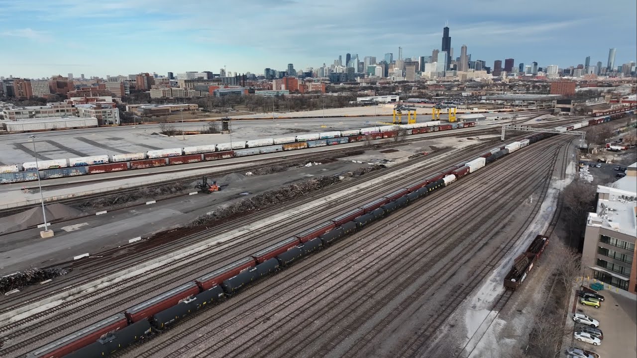 Drone 360 Above Chicago Rail Yard & Lower West Side