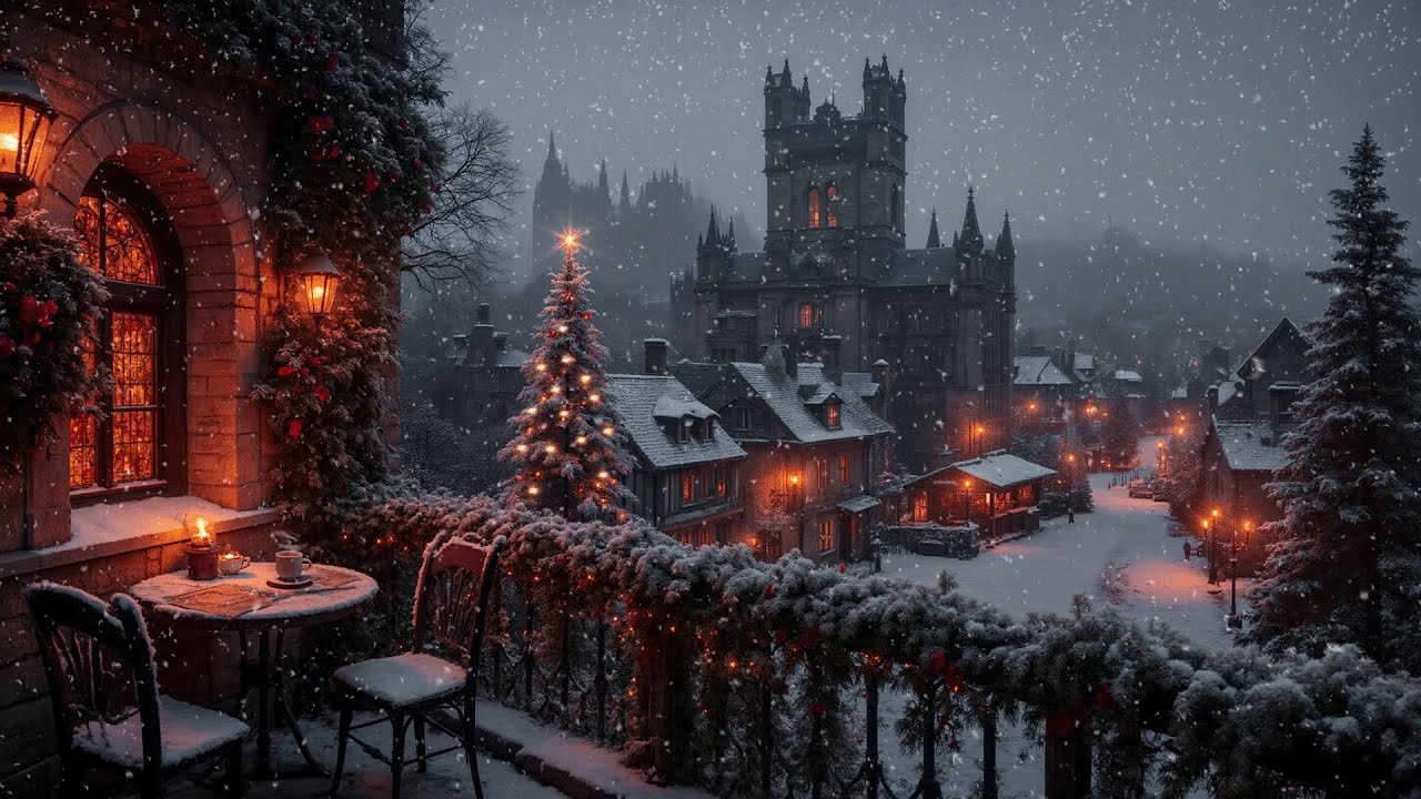 Gothic Christmas Balcony Ambience ❄️ Dark Acamedia Music & Candlelit Caf&eacute; for Reading, Relax, Sleep