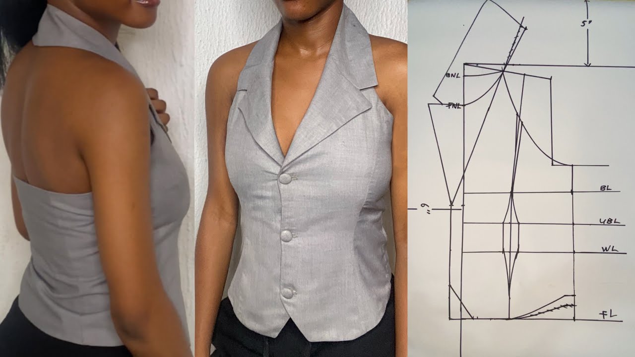 Notch collar halter jacket with an open back | pattern drafting |