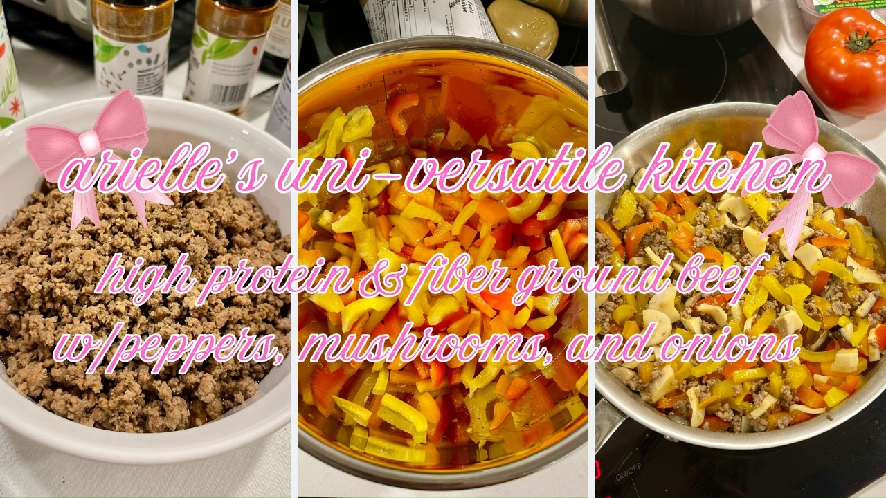 high protein & fiber ground beef w/ peppers, mushrooms, and onion