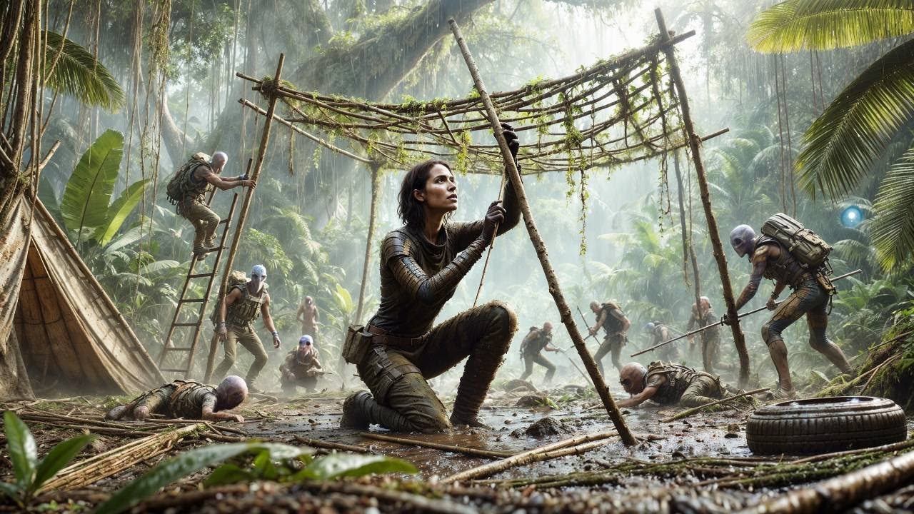 Alien Cadets Try to Build Shelter From Organic Matter — Human Weaves a Cabin From Leaves and Mud