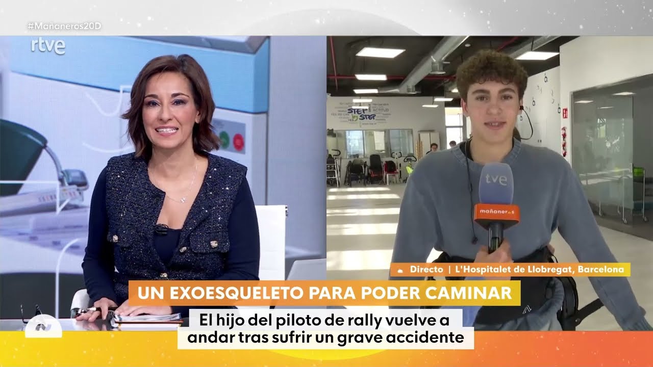 Marc Roma caminando con el Exoesqueleto ABLE en el programa mañaneros de la RTVE