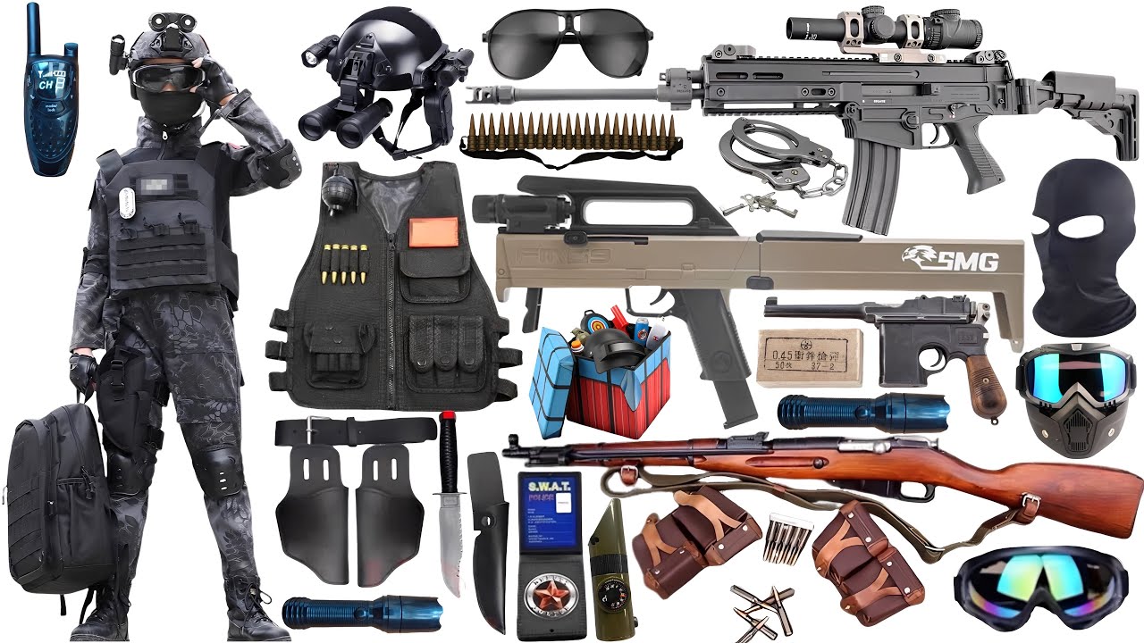 Special police weapon toy set unboxing,SCAR assault rifle,sniper rifle,submachine gun,tactical helme