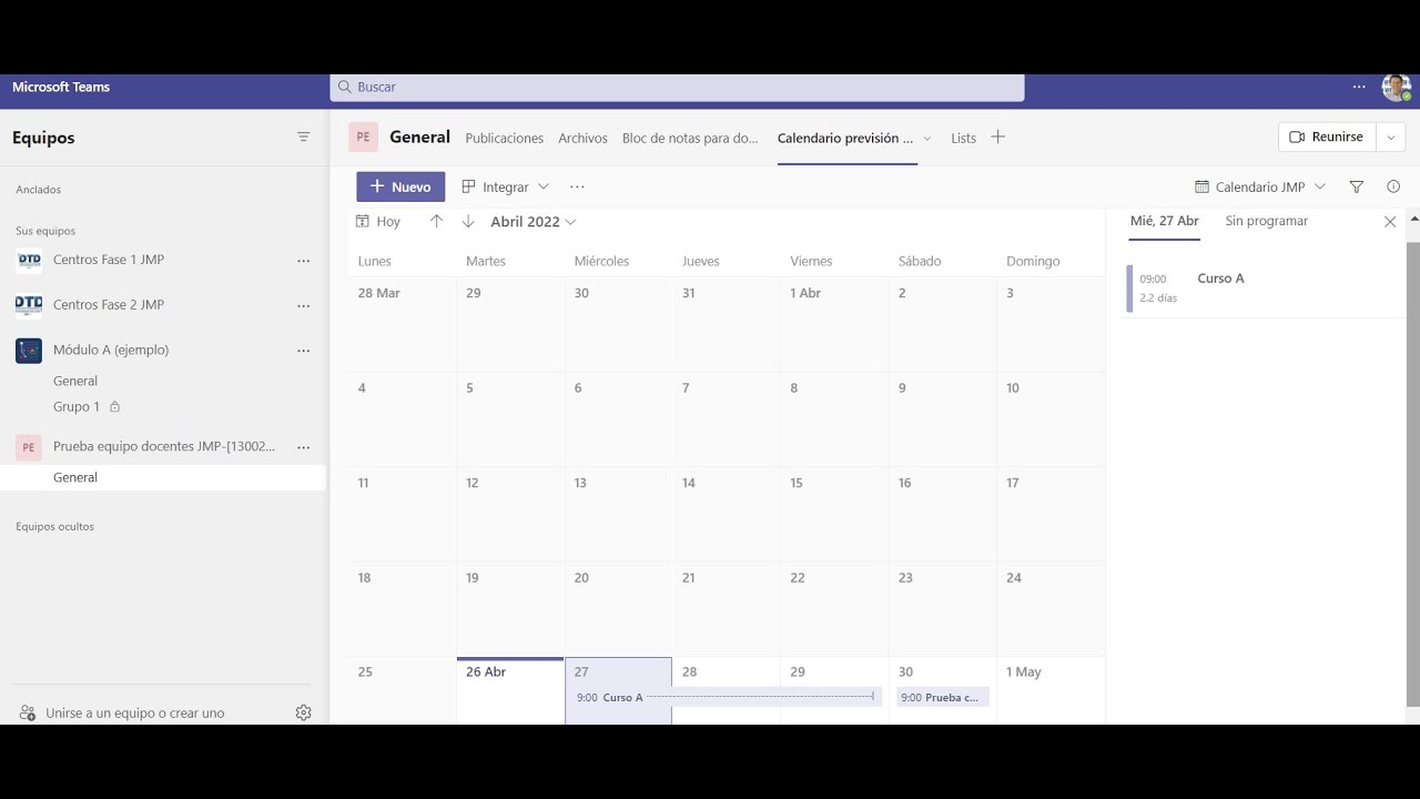 Crear calendario en un equipo de Teams usando listas
