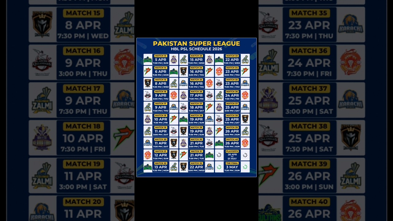HBL PSL Full Schedule 🔥 Pakistan Super League | PSL 2026 | PSL Fixtures 2026 | PSL Schedule 2026 |